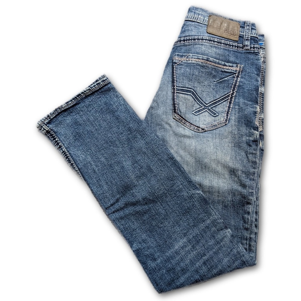 BKE Denim Mens Jeans JAKE Blue 30x30 Buckle Straight Leg Whiskers Medium Wash